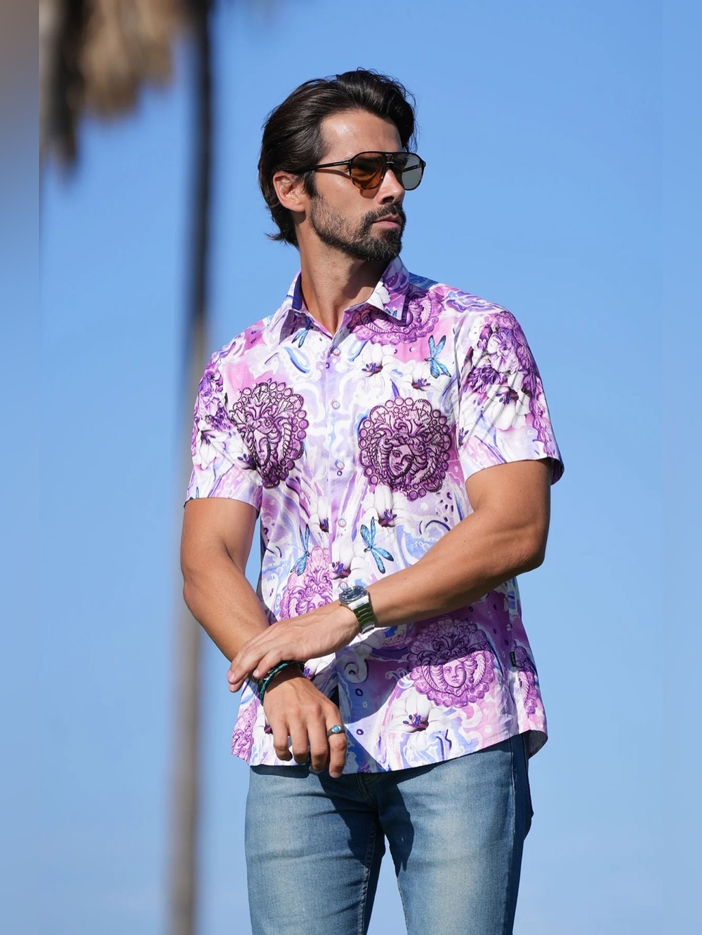 Barabas Paisley Floral Rhinestone Short Sleeve Shirt Size Large